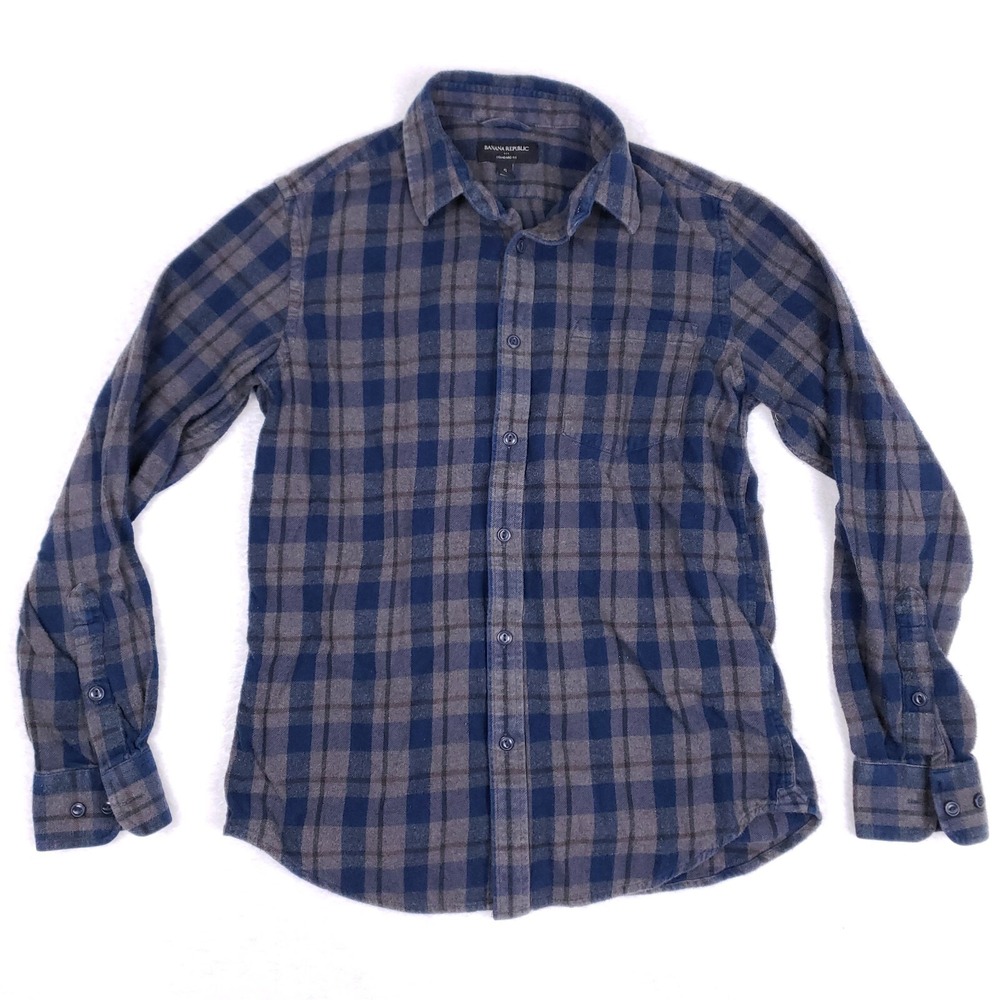 Banana Republic Flannel Shirt Mens Small Grey Blue Plaid Standard Fit Soft